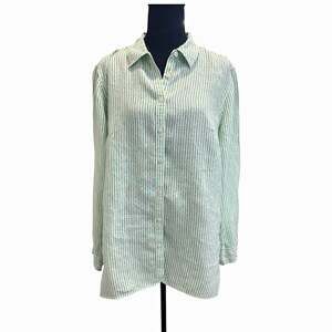 Talbots Women’s Green & White Striped Linen Button-Up Long Sleeve Shirt XL